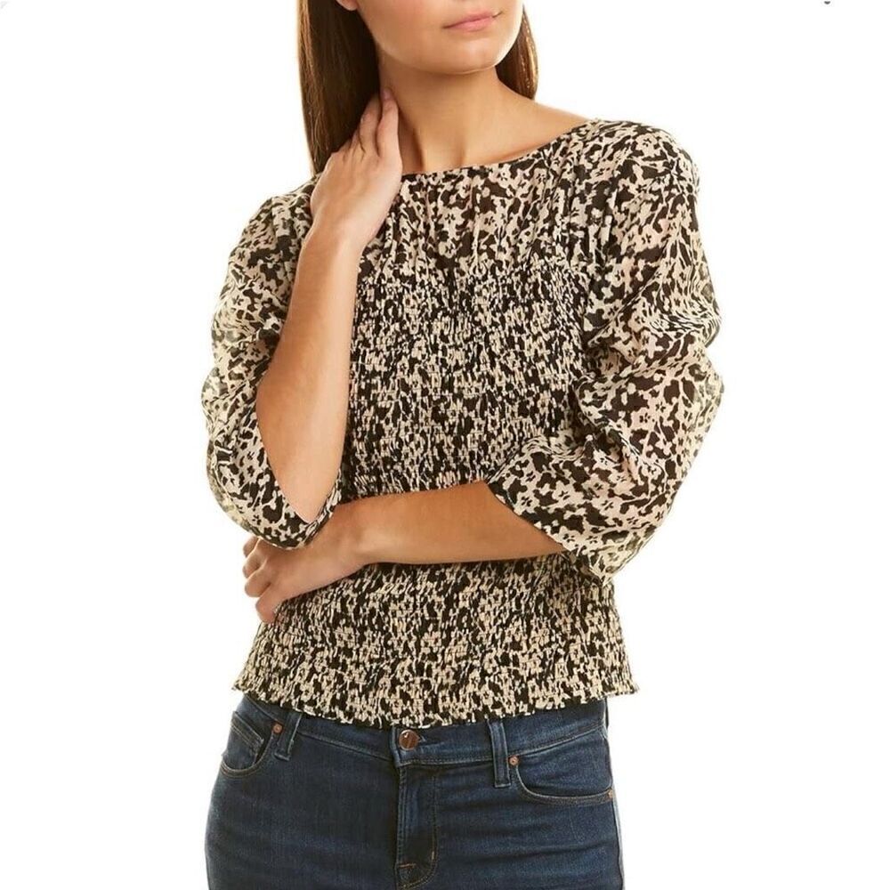 Rebecca Taylor Women's 3/4 Sleeve Smocked Ruched Osaka Blouse Size XS